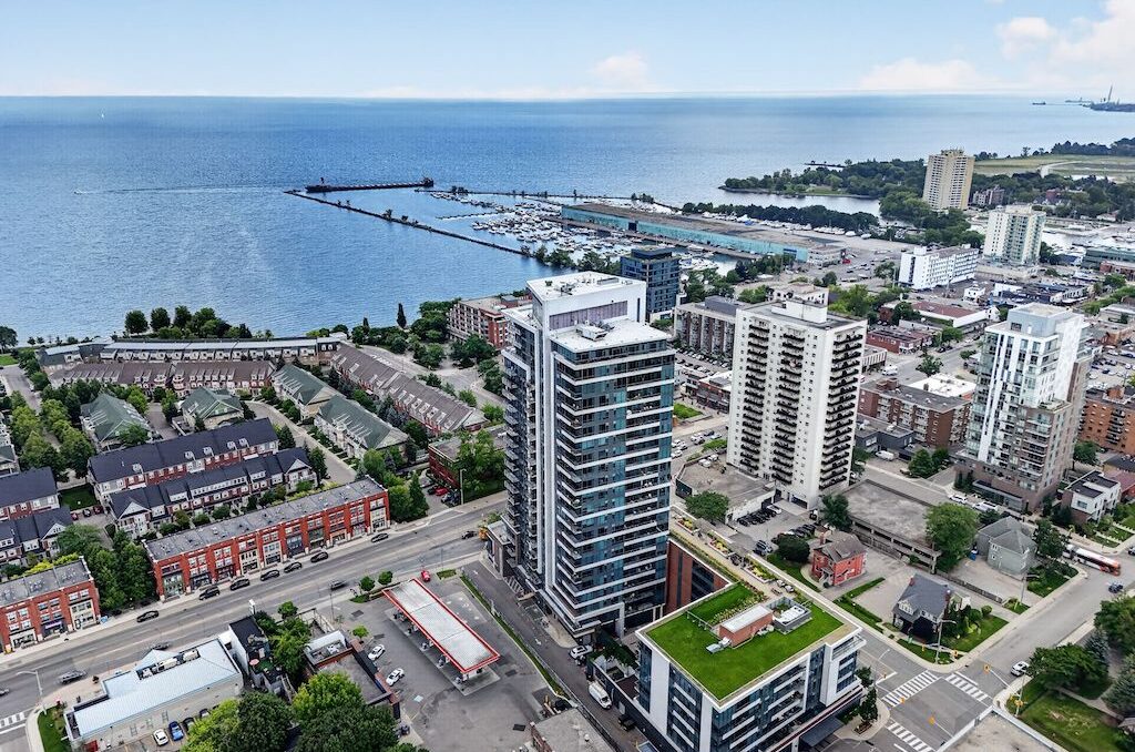 Aerial view of high-rise residences near the Lake Ontario waterfront in Mississauga