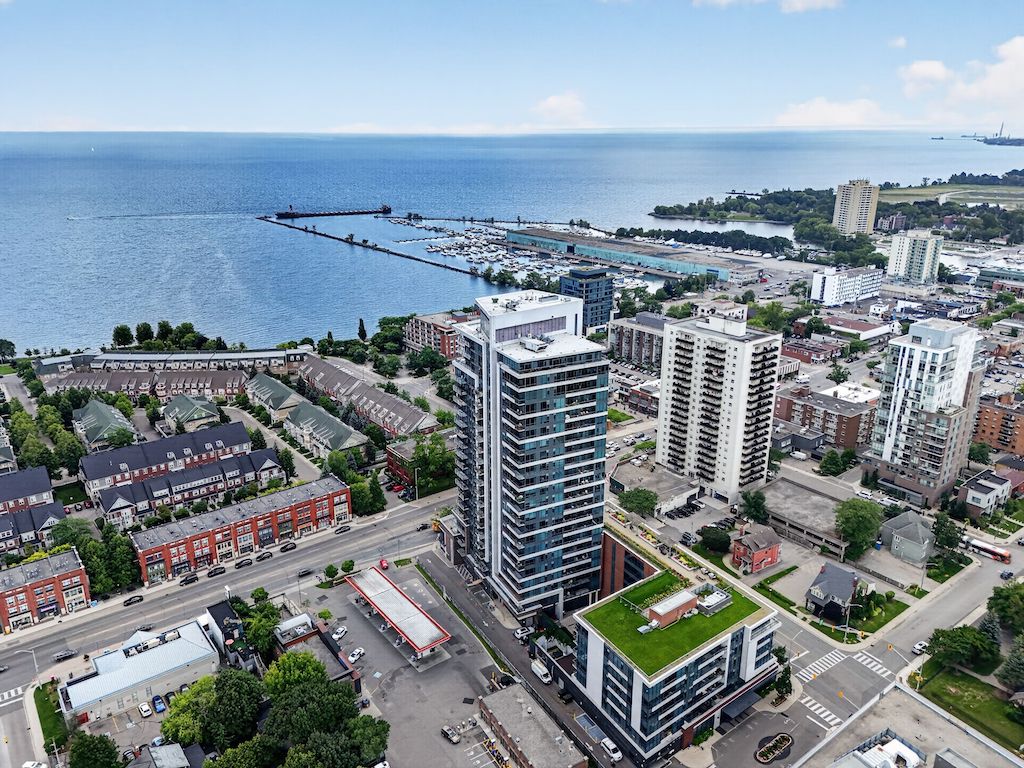 Aerial view of high-rise residences near the Lake Ontario waterfront in Mississauga