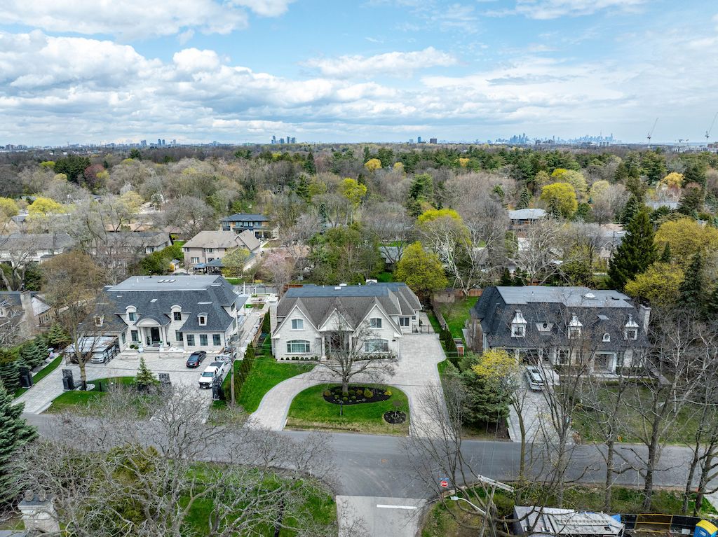Aerial view of luxury detached homes on a tree-lined residential street in Mississauga