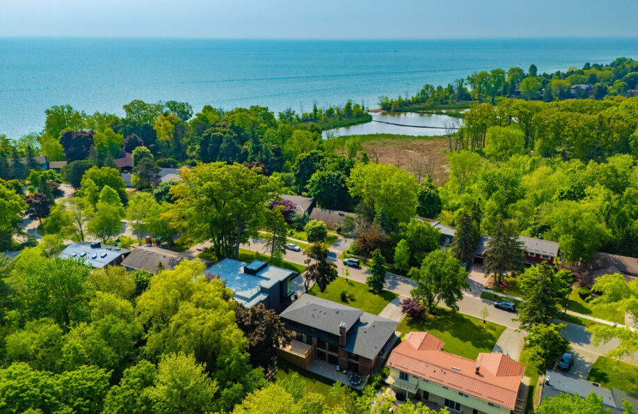 Aerial view of a tree-lined residential neighbourhood beside Lake Ontario in Mississauga
