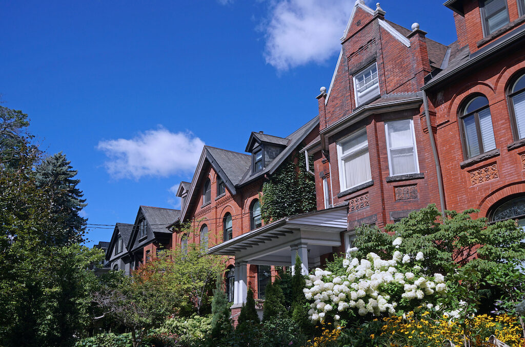 Street, residential, Row, old, brick, large, Rosedale, semi-detached, Victorian, home, house, Toronto, gable, brick, summer, flowers, lush, foliage, tree, garden, daisy, hydrangea, bush